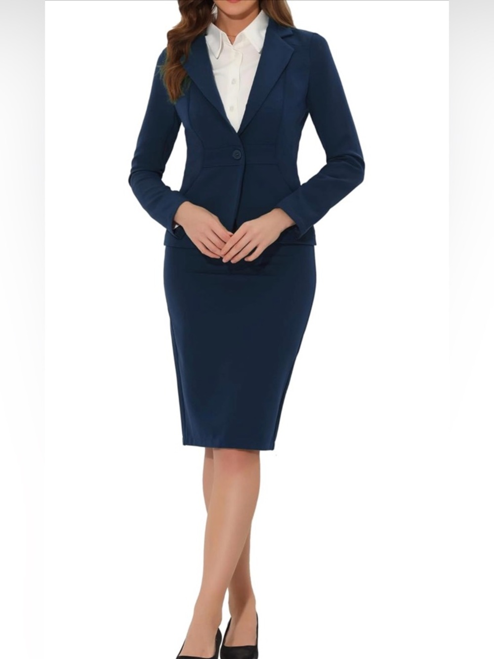 Allegra K Navy Blue Single-Button Blazer and Pencil Skirt Set